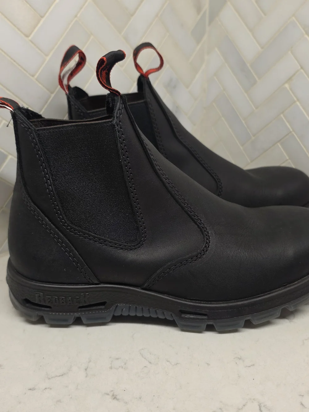 Redback Boots Black Chelsea Work Boots with Red Pull Tabs